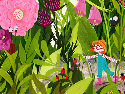 The Explorer ant character childrens book explore flowers garden illustration snail
