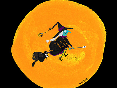 Halloween broomstick cat colour collective flying halloween illustration kidlitart moon witch