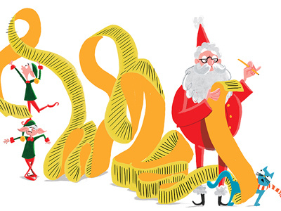 Santa's long list cat christmas elves festive illustration kidlitart long red santa tick wish list