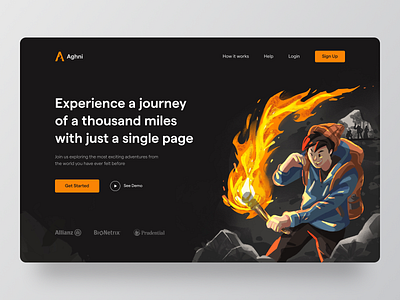 Aghni - Adventure Website Hero Section agni cave character darkmode experience fire hero illustration landingpage light page procreate saas section spirit torch ui unleash ux website