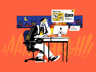 Late Night Burnout Illustration angry building character company crowded designer graphic design illustration late night metropolitan night over work sity scape start up stressed tired face tower traffic jam work worker