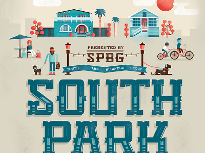 Southpark Walkabout poster bike cafe dogs growler houses illustration lettering palm trees poster