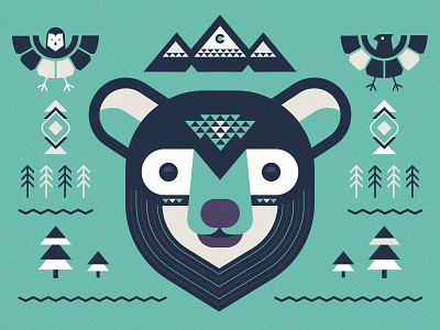 Bear cub elements bear hawk illustration mountains owl