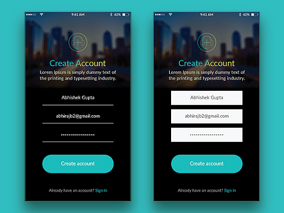 App Create Account page app design mobile