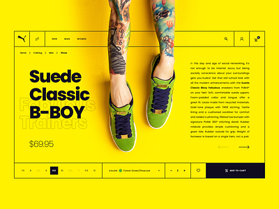 Puma Suede Classic B-Boy - Product Page bboy catalog classic design green minimal page product page puma suede ui user interface ux yellow
