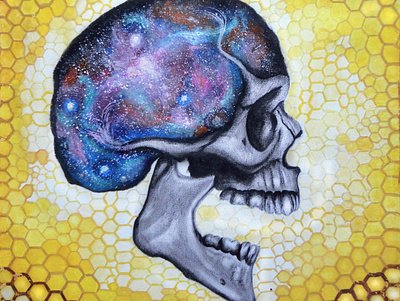 Вселенная в голове black skull branding design honeycomb icon illustration logo oil painting skull stars universe yellow background