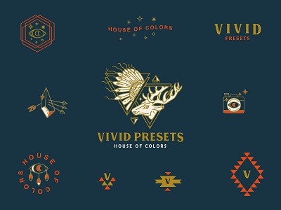 VIVID Presets badge branding design graphic identity illustration logo monogram patch triangle type typography