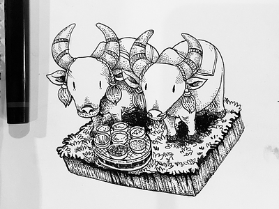 Fortune cows cartoon cows cute drawing ink ritual thailand