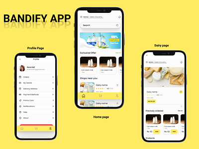 Bandify app design ui appdesig dairyapp dairyappdesign milkapp poppinsfont ui uiux yellow