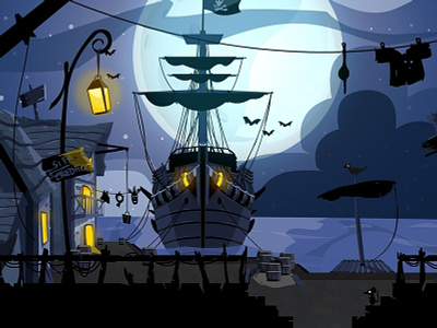 Pirate City, Waterfront 2d 2d design adventure animate animate cc art cutout enviroment flash game animation game art grahic illustration jolly roger level night pirate ship vector video game