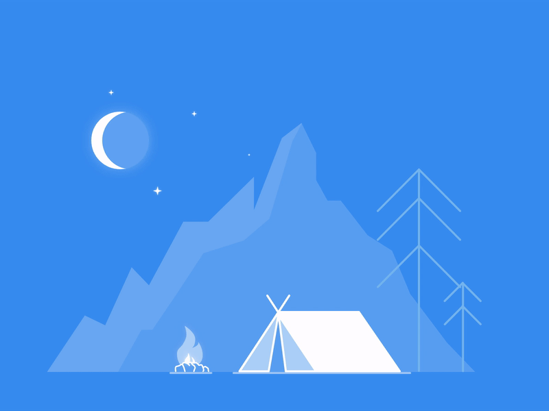 Camping at night - animated camp fire illustration night outline