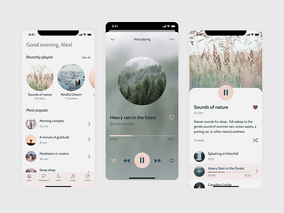 Meditation app UI app calm design health light meditation meditation app mindful mobile app mobile app design mobile ui music player relaxation sleep ui ux