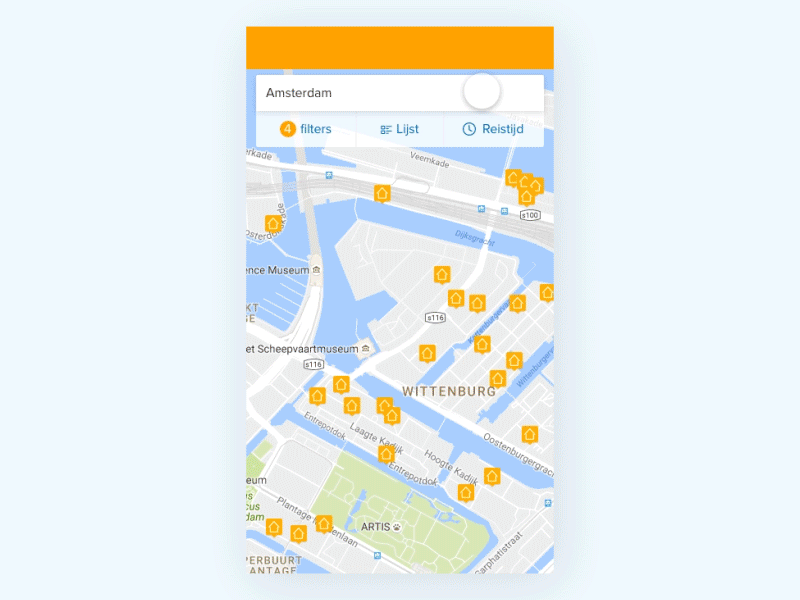 Travel time - work in progress flow funda housing map prototype responsive search travel time search ui ux web