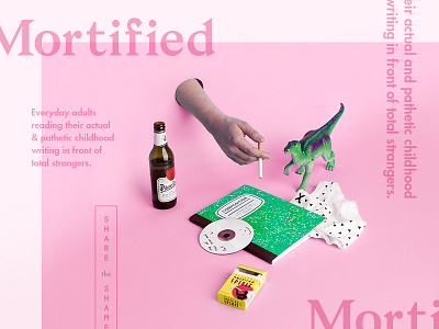 Mortified Pink art direction beer cd cigarettes diary dinosaur mortified notebook photography pink poster still life