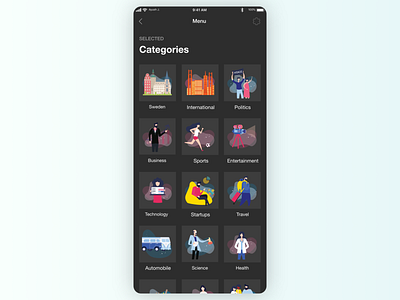 Categories Dark Theme categories dark theme mobile news app ui ui design ux ux design