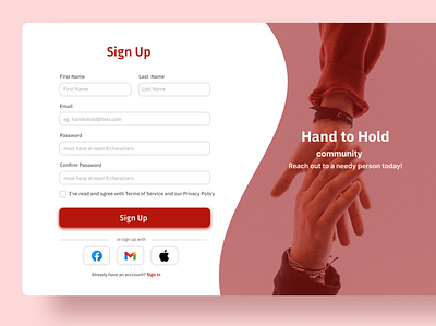 Sign up page for Hand to Hold(volunteer website) dailyui figma ui web