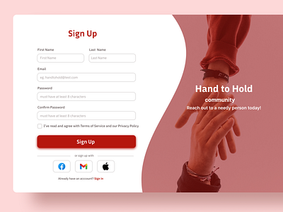 Sign up page for Hand to Hold(volunteer website)