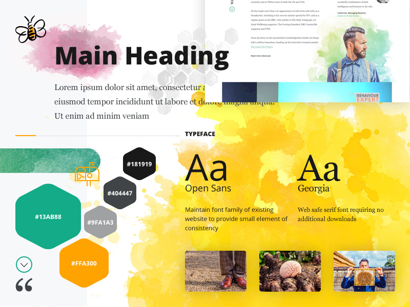 Moodboard(ish) hexagon bee website moodboard icons color typography watercolor