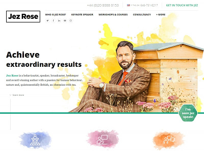 Jez Rose 2017 banner header icons navigation paint effect responsive watercolor website
