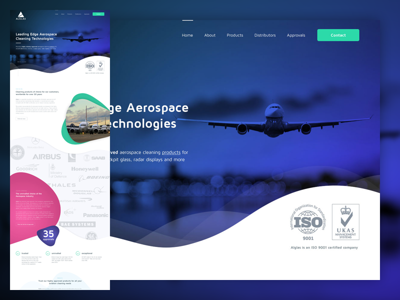 Alglas Aerospace masks banner navigation bubbles waves gradient website