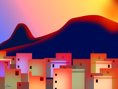 Town at Dawn architecture cityscape dawn hills illustration morning nature poster sun vector