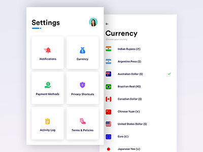 Settings UI Interaction concept design creative currency daily ui 007 inspire uxd settings shikha gupta ui ux