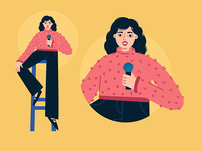 Female Stand-Up сomedian character avatar character character design curl hair design doodle face female flat girl hair illustration lady microphone minimal person scene stand up vector woman