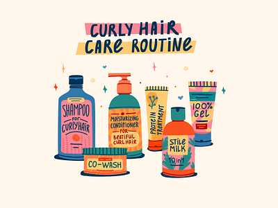 Сosmetics for curly hair beauty bottle cartoon color cosmetic design doodle fashion flat hair care illustration minimal packaging