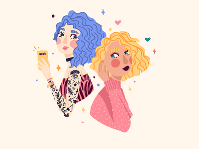 Girlfriend with curly hair avatar character character design curl curl hair curly hair cute design face girl girlfriend hair illustration phone pose selfie tatto vector wave hair woman