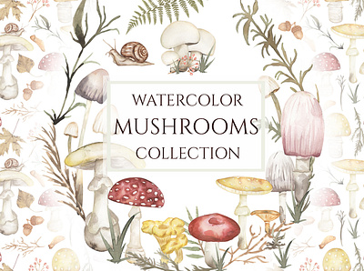 Watercolor Mushrooms Collection background clipart design endless florals forest fungi fungus graphics hand drawn illustration invitation life cycle mushroom pattern mushrooms nature pressed florals repeat paper seamless pattern watercolor