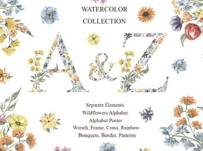 Watercolor Wildflowers Collection cards clipart floral arrangement floral cross florals frame graphic design hand drawn herbs watercolor illustration invitation letters monogram monogram font rainbow watercolor watercolor wedding wildflowers wildflowers pattern wreath