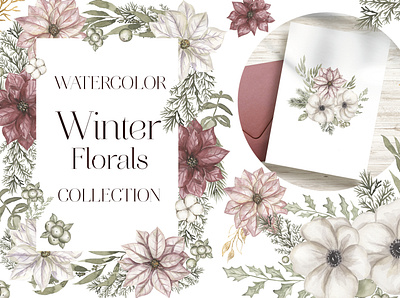 Watercolor Winter Florals Collection anemone flower background christmas clipart cliparts design floral illustration floral pattern florals flowers graphic design hand drawn illustration invitation logo poinsettia watercolor watercolor anemone winter winter watercolor
