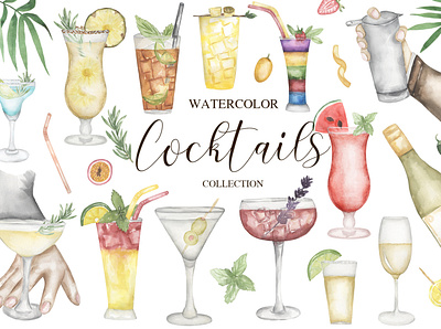 Watercolor Cocktails Collection bartender beverages branding clipart cocktails design drink graphic design hand drawn illustration logo menu restaurant watercolor