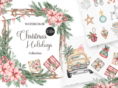 Watercolor Christmas Holidays christmas christmas decoration clipart design florals graphic car graphic design hand drawn holidays house watercolor illustration merry holiday new year new years eve party clipart seamless border tractor illustration vintage transport watercolor winter