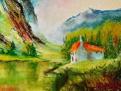 house in the foothills drawing house lake landscape mountain pastel