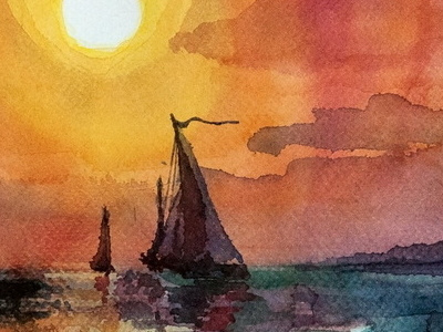 sunset and sailboats, 2014 marine sea seascape watercolor