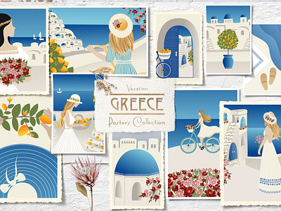 Posters Collection Vacation blue bundle cards design girl gradient greece holiday ill illustration ocean poster santorini sea set travel trend vacation vector