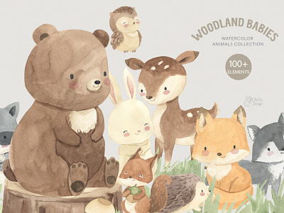 Woodland animals collection. Watercolor