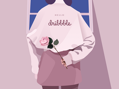 Hello Dribbble back view girl look forward to pink rose 插图