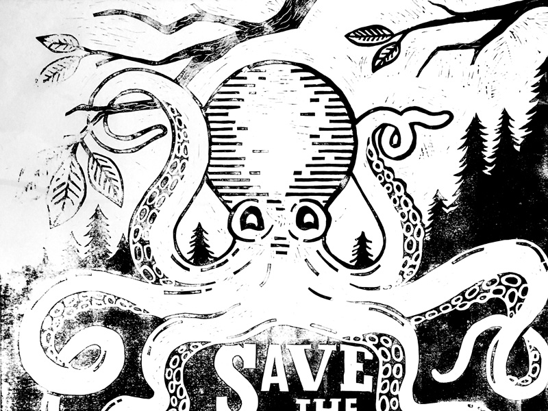 Save the PNW Tree Octopus! letterpress octopus print steamroller