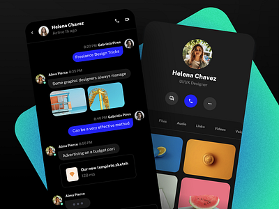 Messenger and Profile - Droid UI Kit for Mobile Apps android app chat dark mode dashboard design example inspiration ios message messenger mobile profile saas screen social startup ui ui kit ux