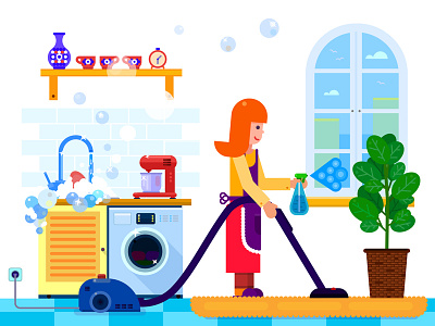 Housewife design flat home housewife illustration kitchen style woman