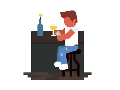 With a glass of wine bar cafe design digital drink flat glass illustration man people phone wine