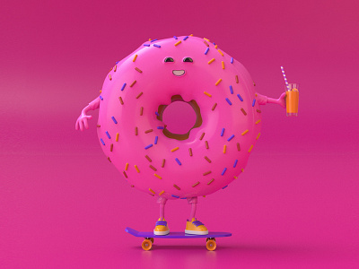 Donut! 3d 3d art characer design donut illustration juice pink render skate smile