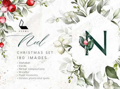 Noel | Christmas set | 180 images bouquet christmas clipart design graphic design holly illustration letter new year patterns procreate watercolour