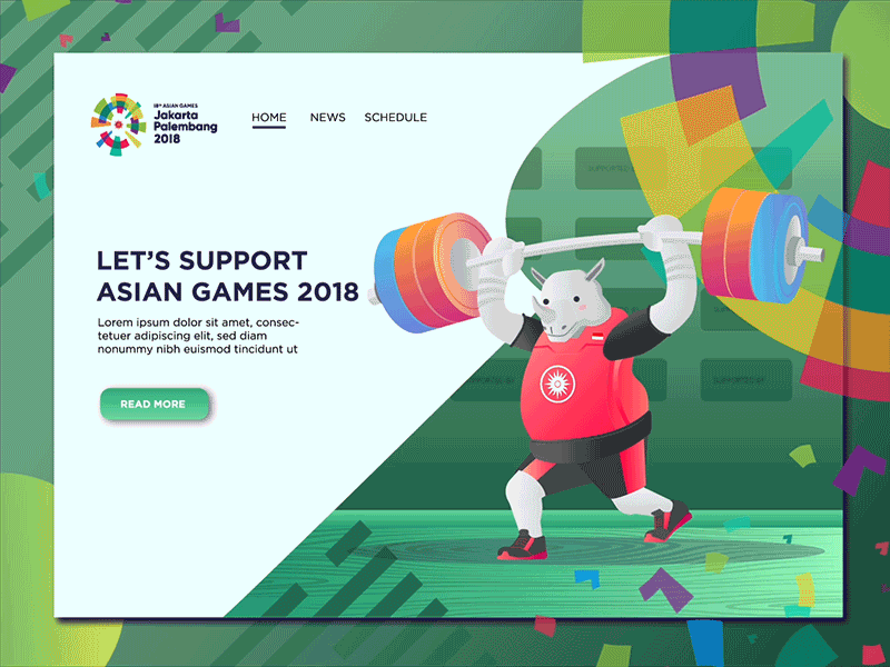 Asian Games 2018 animation athlete green header landing mascot page red sport weightlifting