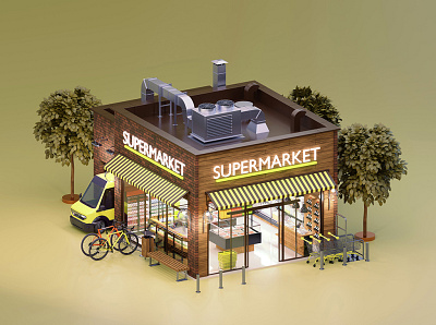 Supermarket 3d architecture design exterior facade grocery illustration small store storefront supermarket