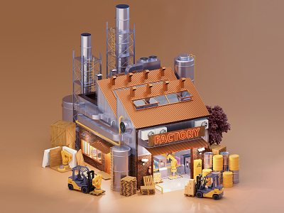 Small factory 3d architecture building chimney conveyor facade factory forklift graphic design house illustration industrial industry low poly plant robot robotic arm works