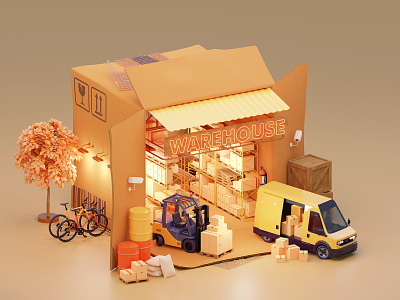 Warehouse in cardboard box 3d box cardboard courier delivery distribution film forklift goods illustration merchandise racking retail transportation van vechicle warehouse wrapped