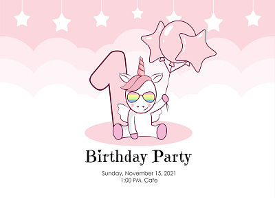 Birthday invitation for baby girl with cute unicorn adobe illustrator birthday cute design illustration invitation magical pink princess template unicorn